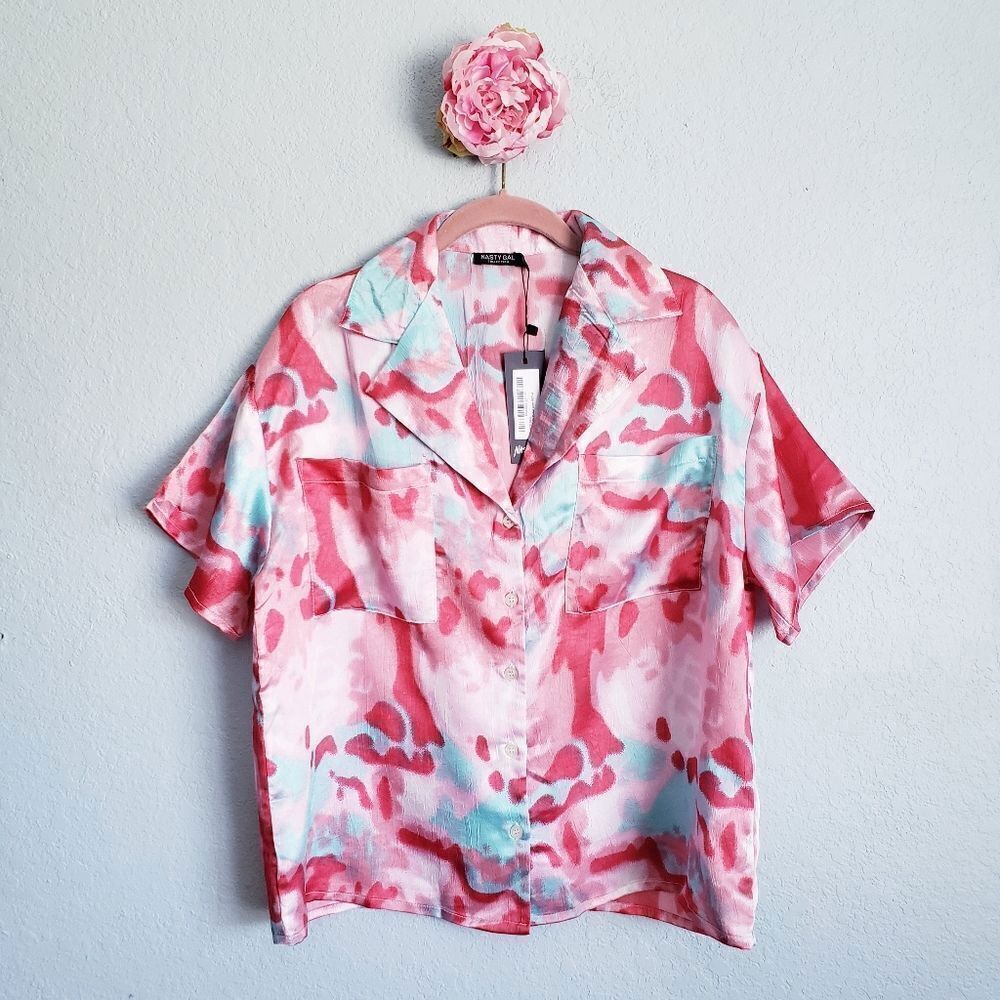Nasty Girl Printed Satin Collared Button Down Top